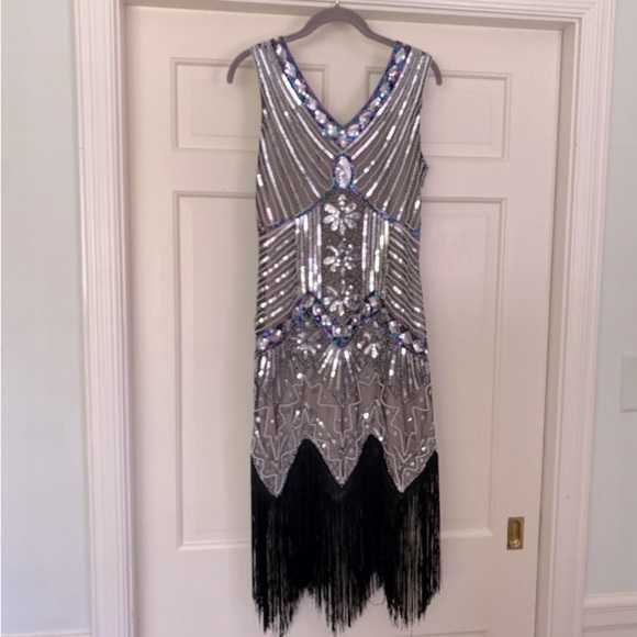 ASOS Dresses & Skirts - ASOS PARTY Dress Fringe Drop Hemline Silver Sequined Dress V Neck Party Dress